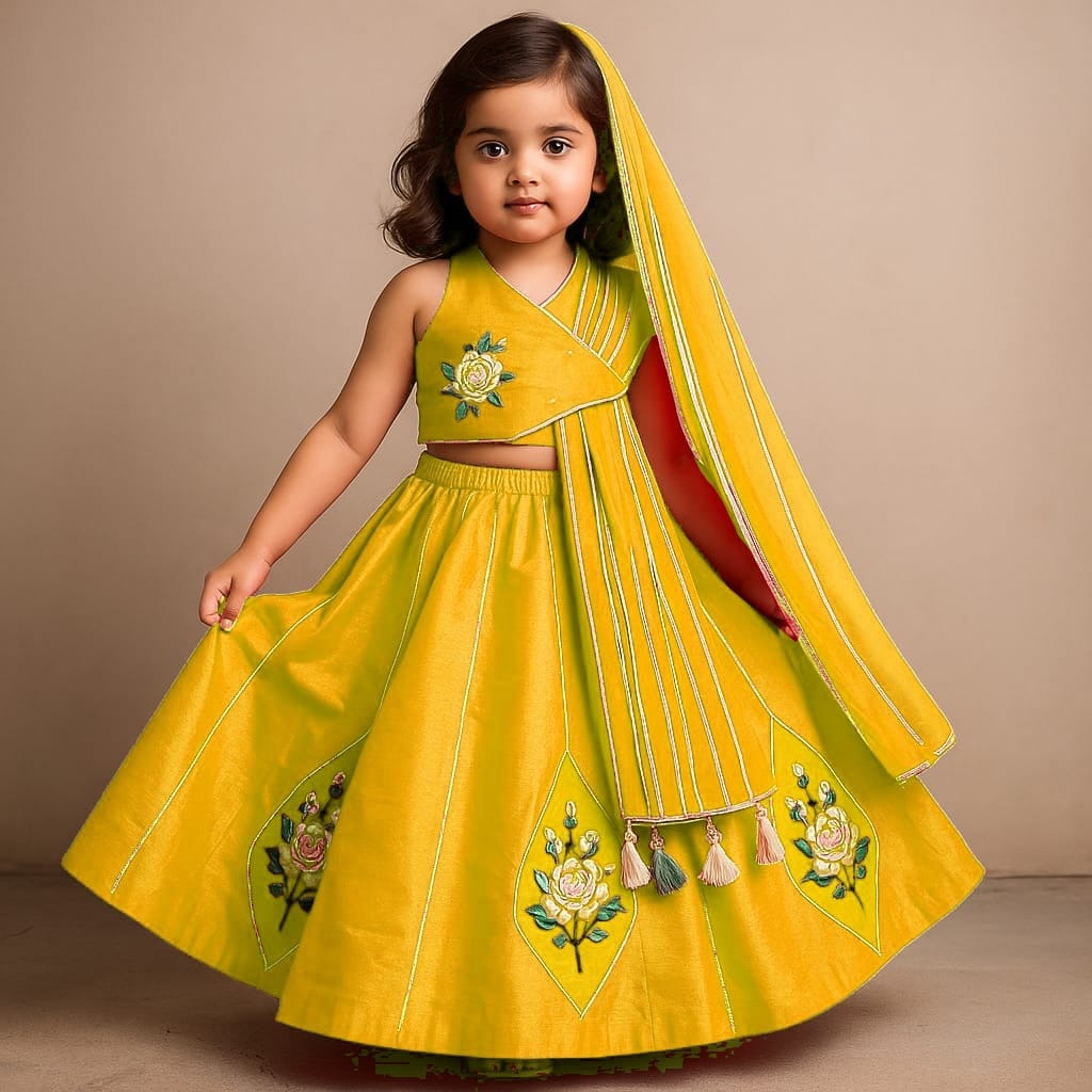 Pre Order:Floral Embroidered Top With Attached Pleated Dupatta And Lehenga