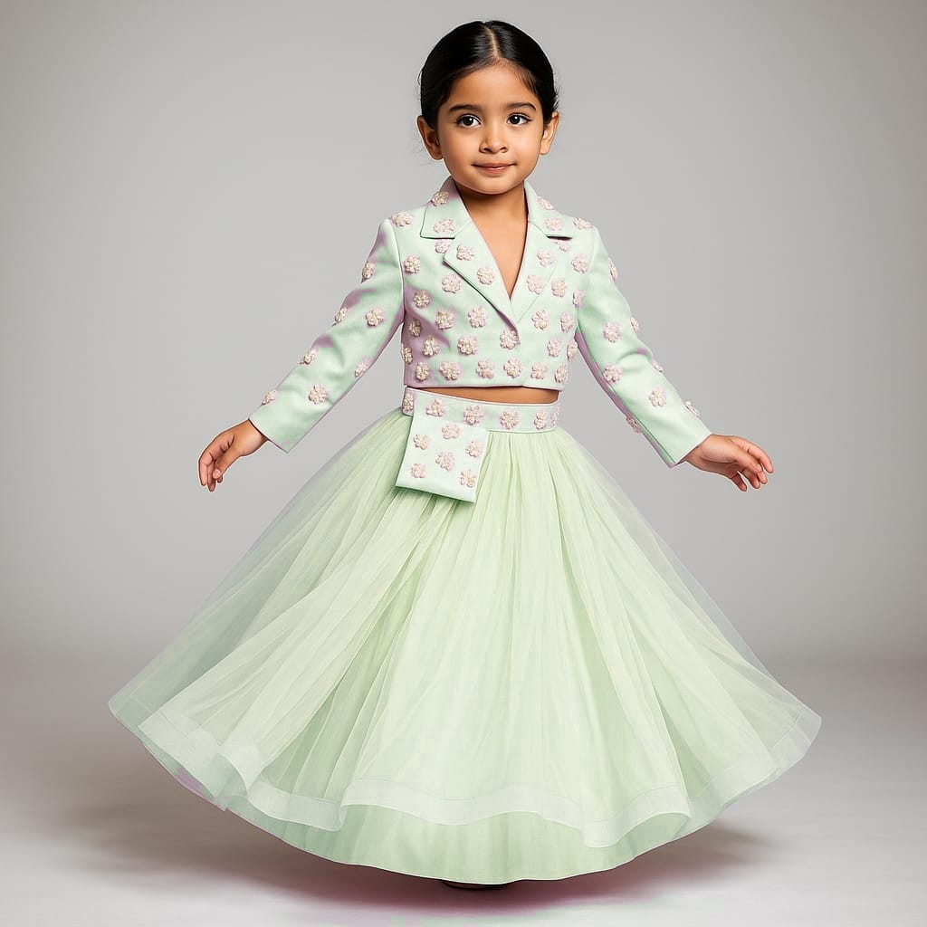 Pre Order: Pastel Strappy Top With Embellished Jacket And Lehenga