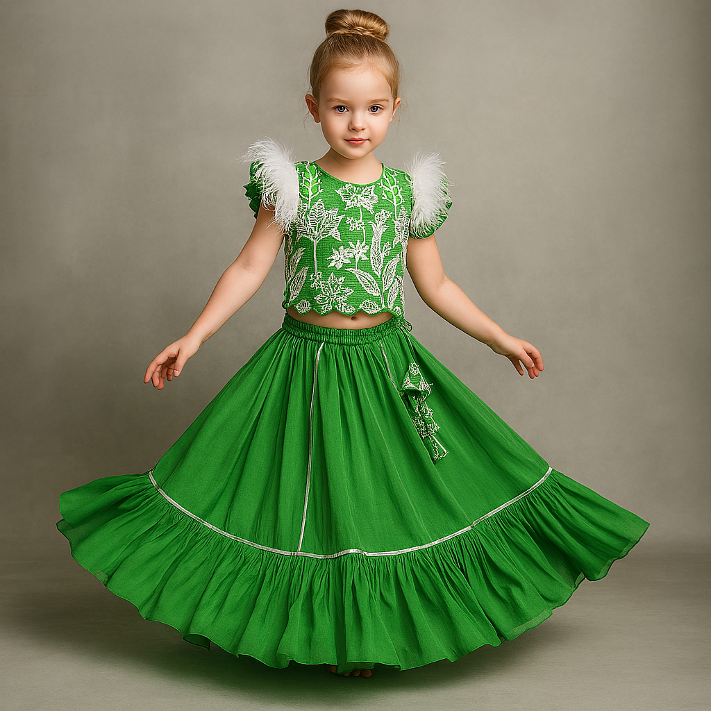 Pre Order: Sequins And Embroidered Top With Frilly Hem Lehenga