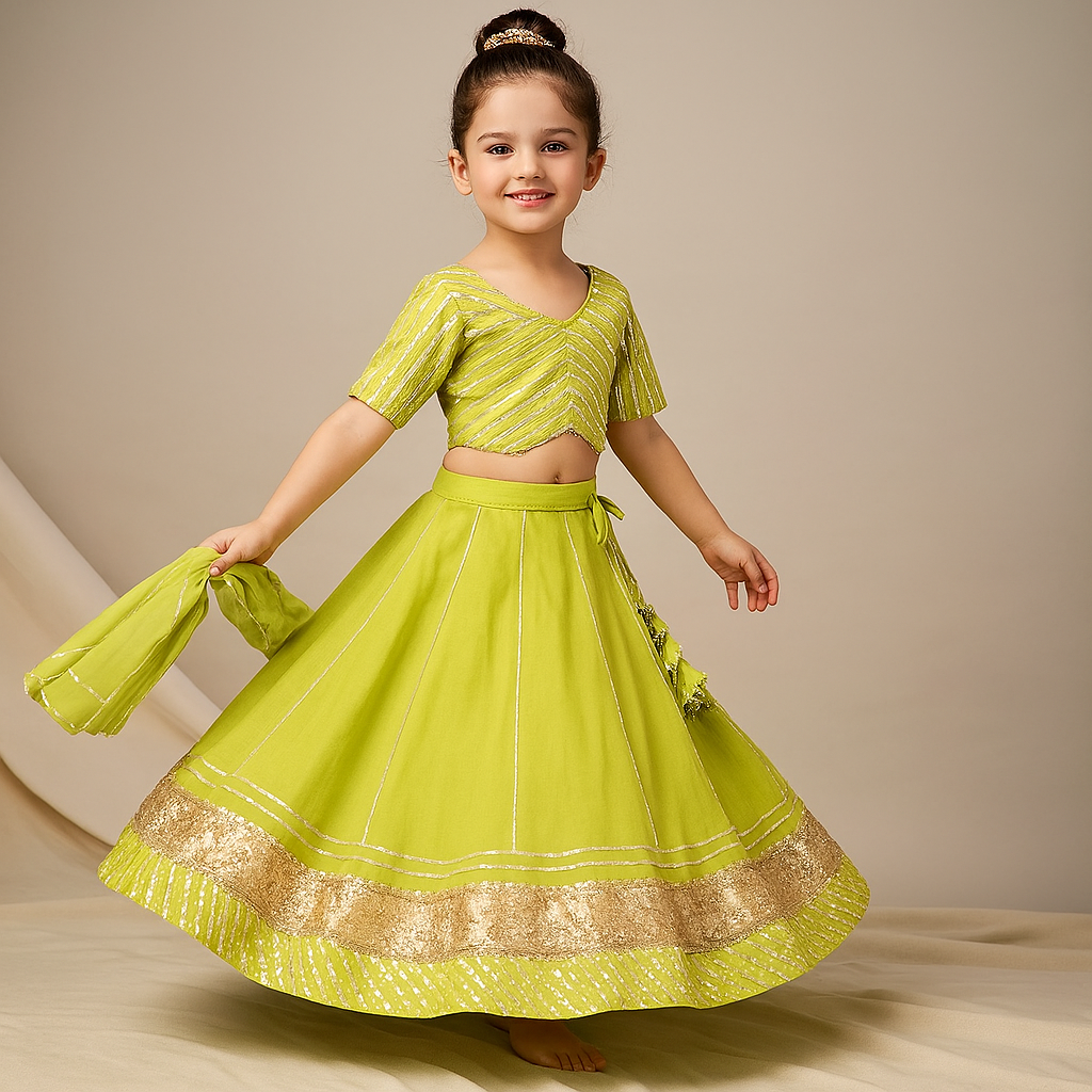 Pre Order: Gota Lace Detail Top And Lehenga With Net Dupatta