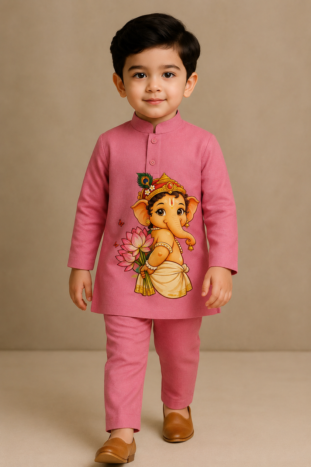 Pre Order : Pink Ganesha With Morpankh Kurta Set