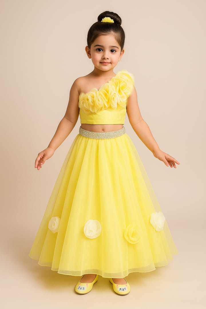 Pre Order: Organza One Shoulder  Top And Flower Adorned Flared Lehenga