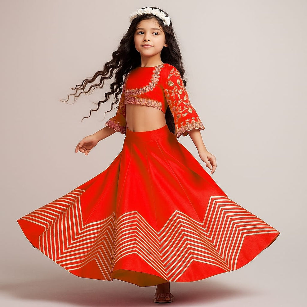 Pre Order:Zari Embroidery With Sequence Work On Blouse N Gota Detailing On Lehanga