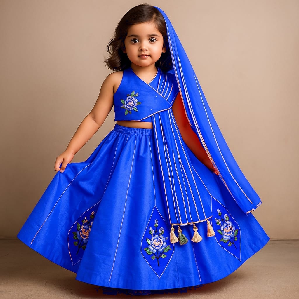 Pre Order:Floral Embroidered Top With Attached Pleated Dupatta And Lehenga