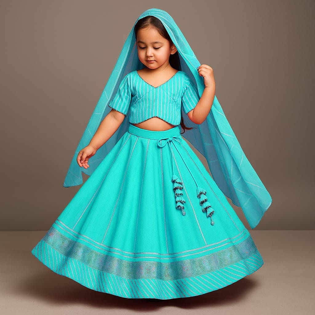 Pre Order: Gota Lace Detail Top And Lehenga With Net Dupatta