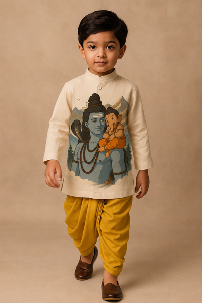Pre Order: Off White Shivji And Ganesha Kurta With Yellow Dhoti