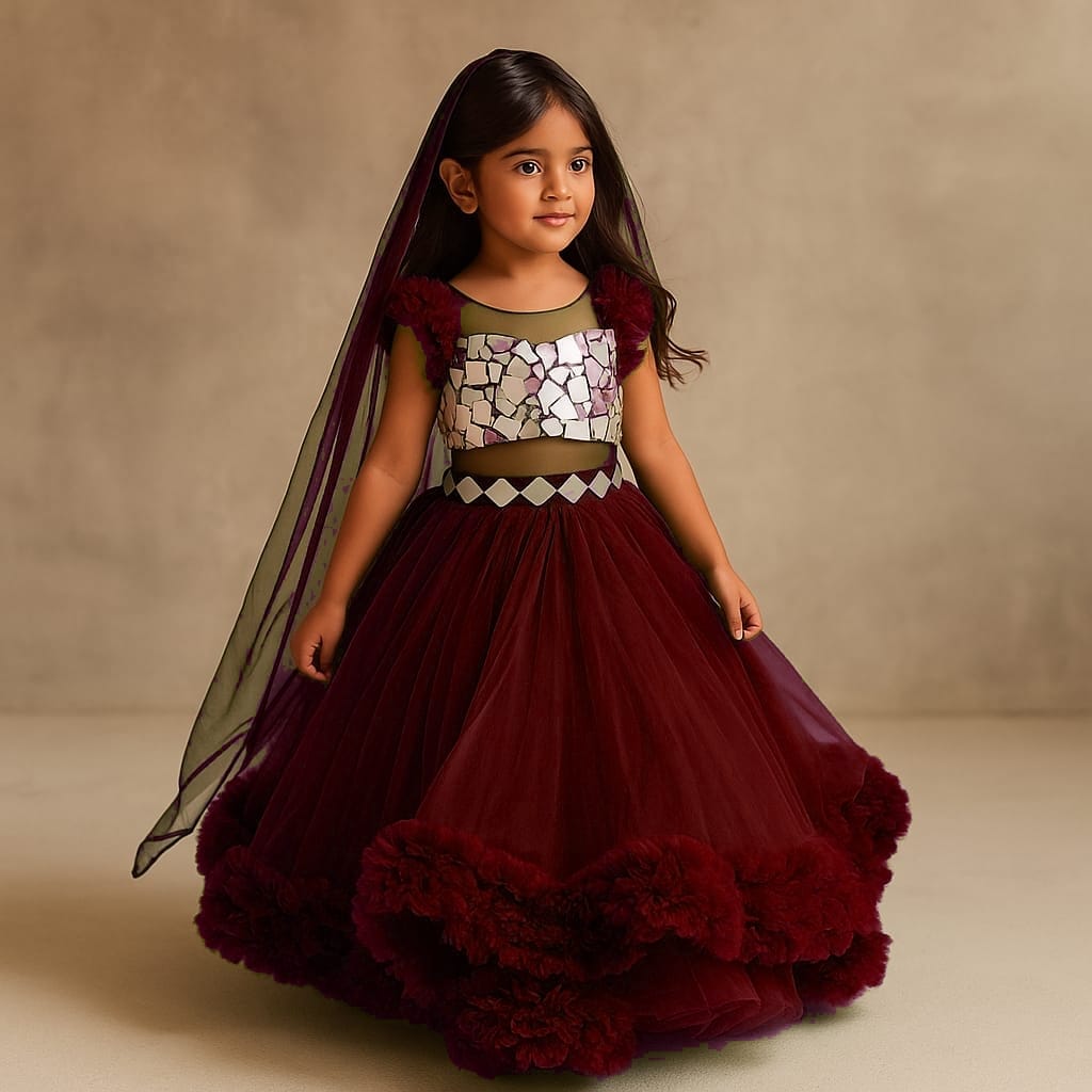 Mirror Work Enhanced Top With Flared Lehenga And Matching Head Band