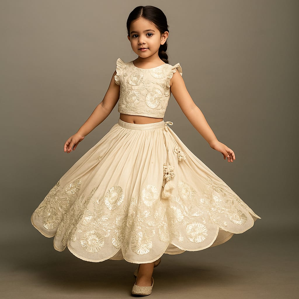 Pre Order: Shimmery  Hand Embroidered Gota Laced Top With Flared Shimmery Lehenga