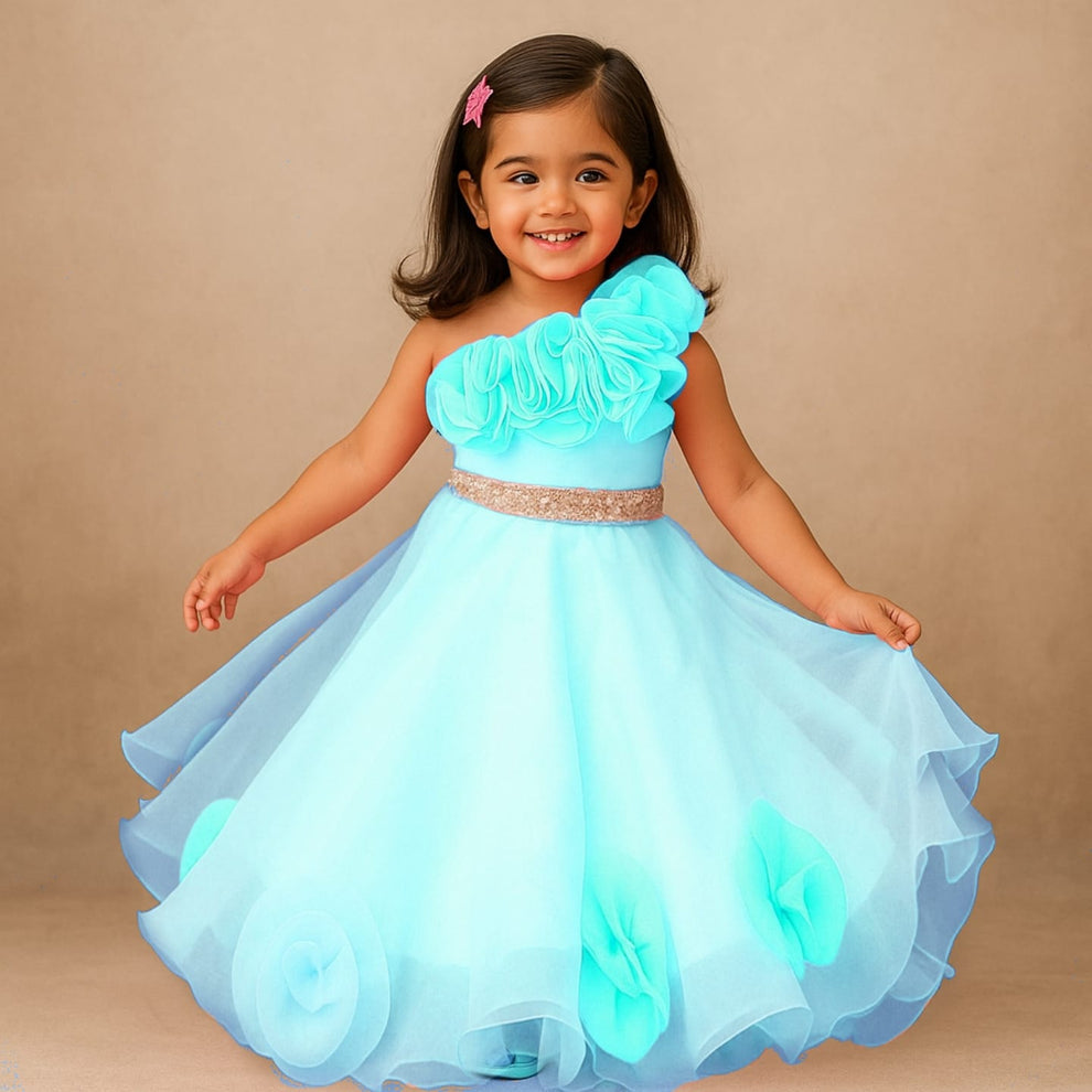Organza One Shoulder Top And Flower Adorned Flared Lehenga