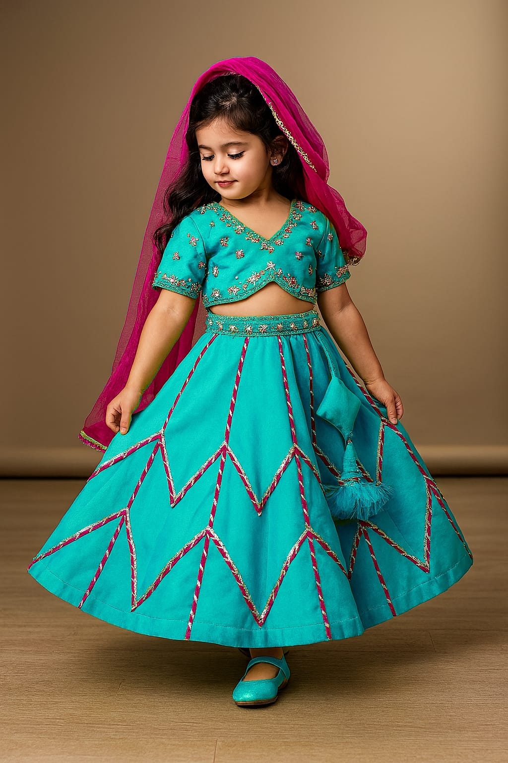 Pre Order: Embroidered Crop Top With Lehenga And Net Dupatta