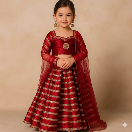Pre Order: Maroon All Over Gota Detailed Lehenga Set