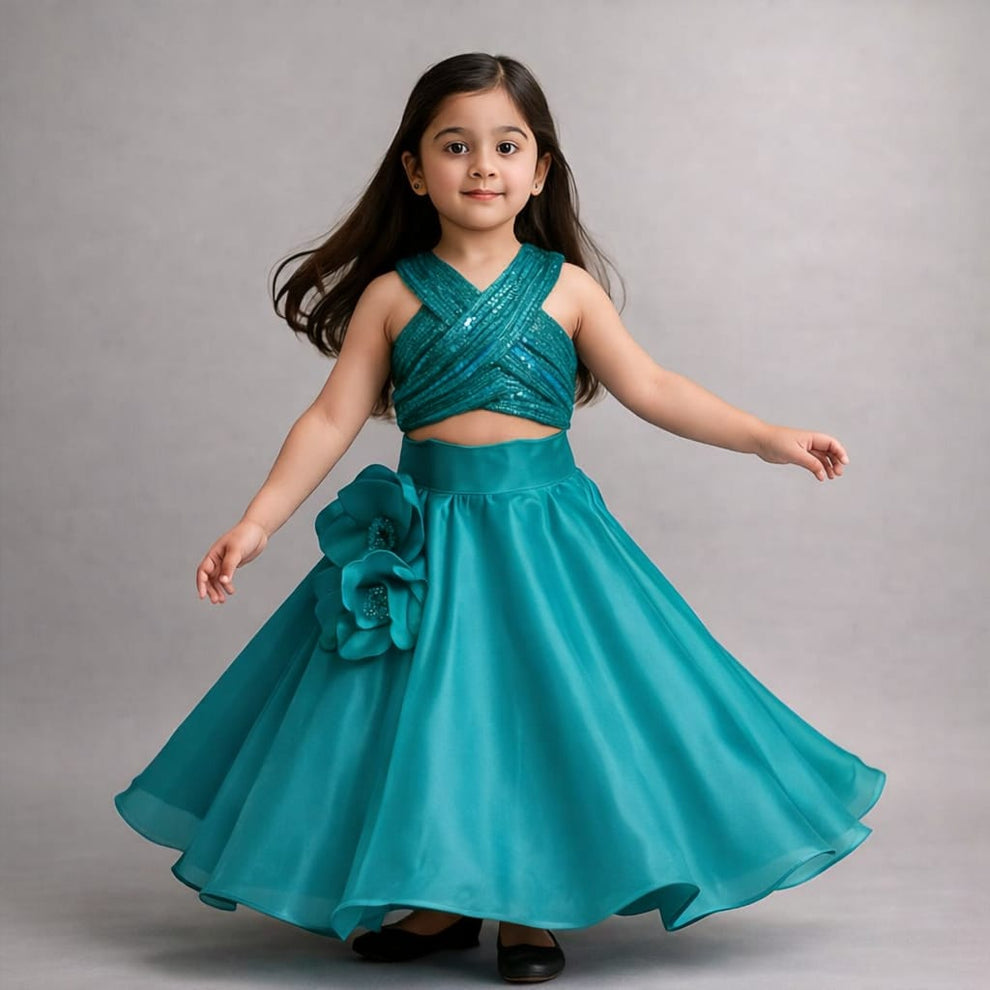 Pre Order: Sequin Embellished Halter Neck Top With Stiff Belt And Lehenga