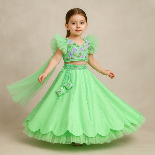 Pre Order: Silk Tie Knot Back Green Top And Lehenga With Stylish Net Dupatta