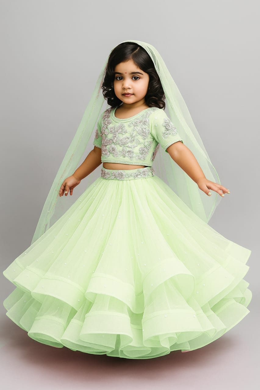 Pre Order: Embroidered Crop Top And Net Layered Lehenga