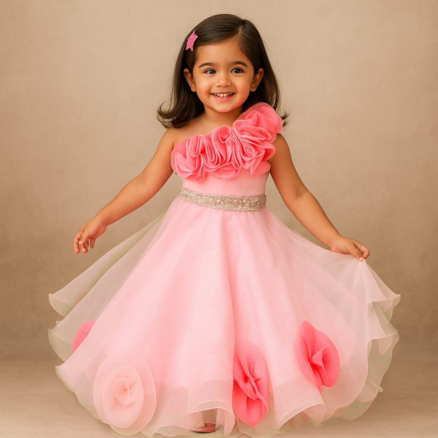Organza One Shoulder Top And Flower Adorned Flared Lehenga
