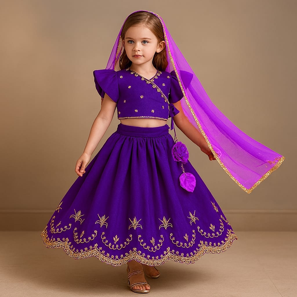 Pre Order: Embroidered Front Overlap Top With Lehenga And Dupatta