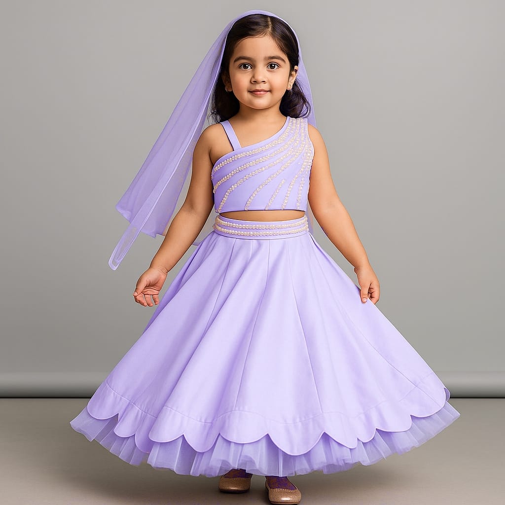 One Shoulder Drape Top And Scalloped Hem Lehenga