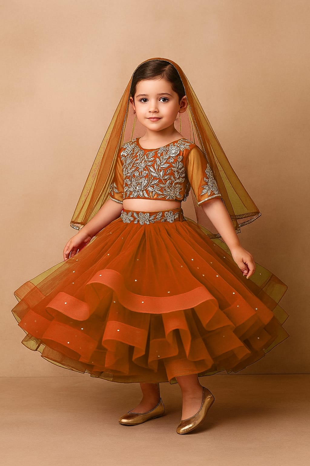 Pre Order: Embroidered Crop Top And Net Layered Lehenga