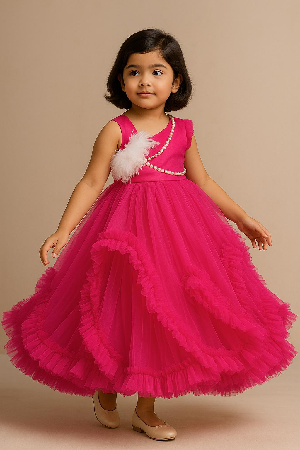 Pre Order: Exclusive Pink Pearl Feather Detailed Ruffle Dress