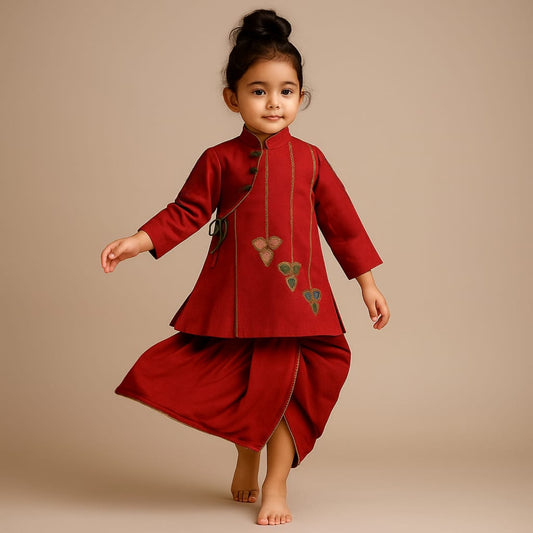 Pre Order: Side Knot Detail Red Poplin Kurta And Dhoti