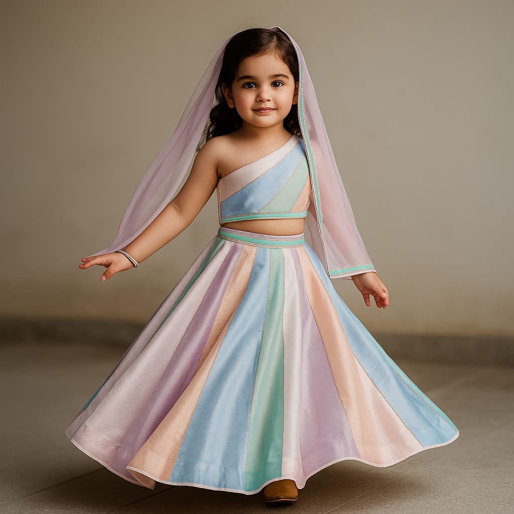 Pre Order: Multicoloured Colour Blocked Top With Lehenga And Dupatta