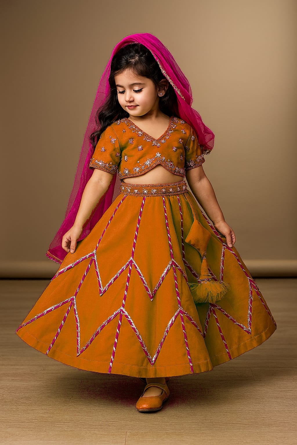 Pre Order: Embroidered Crop Top With Lehenga And Net Dupatta