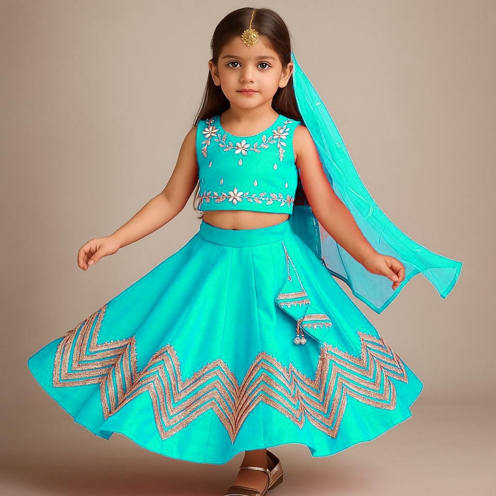 Pre Order: Gota Lace Enhanced Top And Lehenga With Net Dupatta