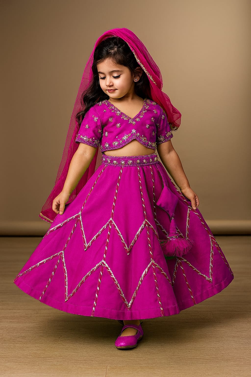 Pre Order: Embroidered Crop Top With Lehenga And Net Dupatta