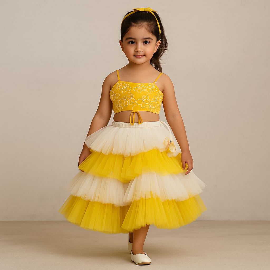 Pre Order: Butterfly Embroidered Strappy Top And Multi-Layered Net Lehenga