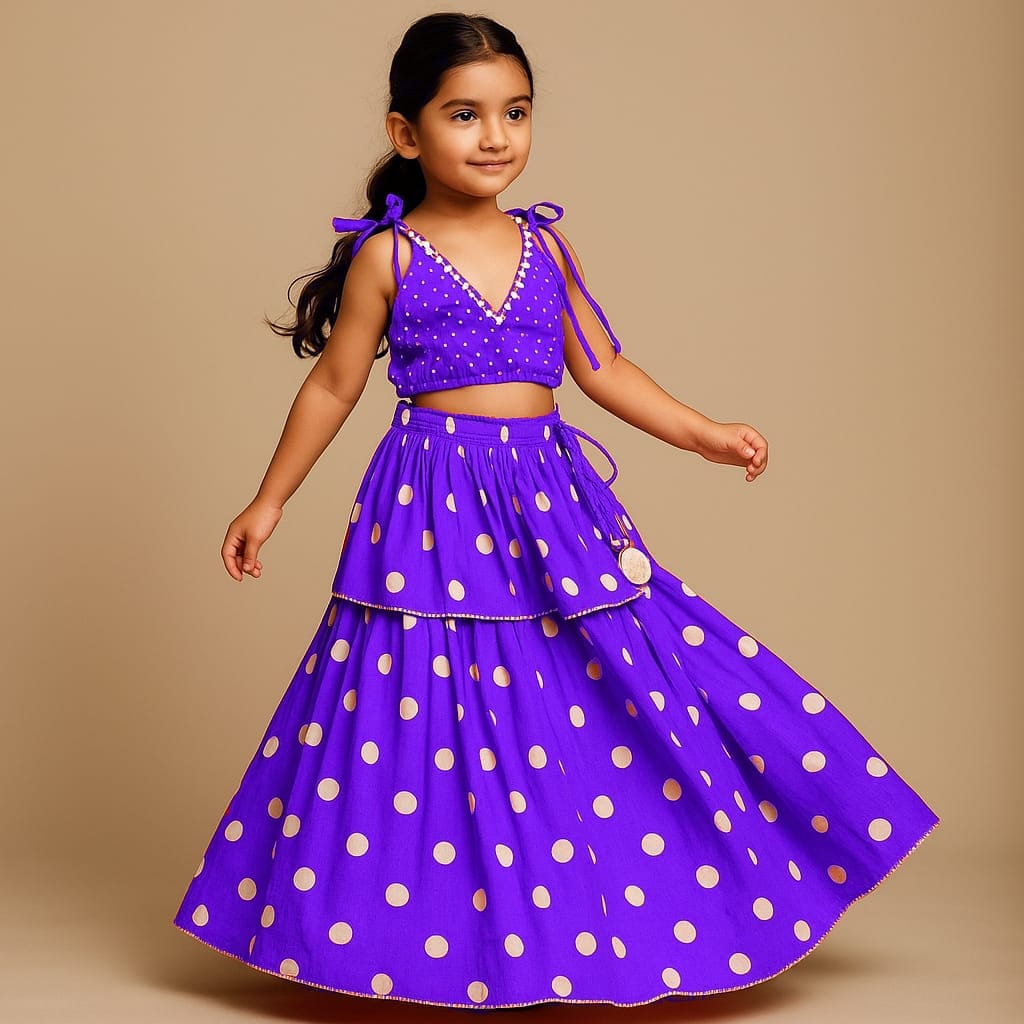 Pre Order: Dot Printed Tie Up Strap Top And Layered Lehenga
