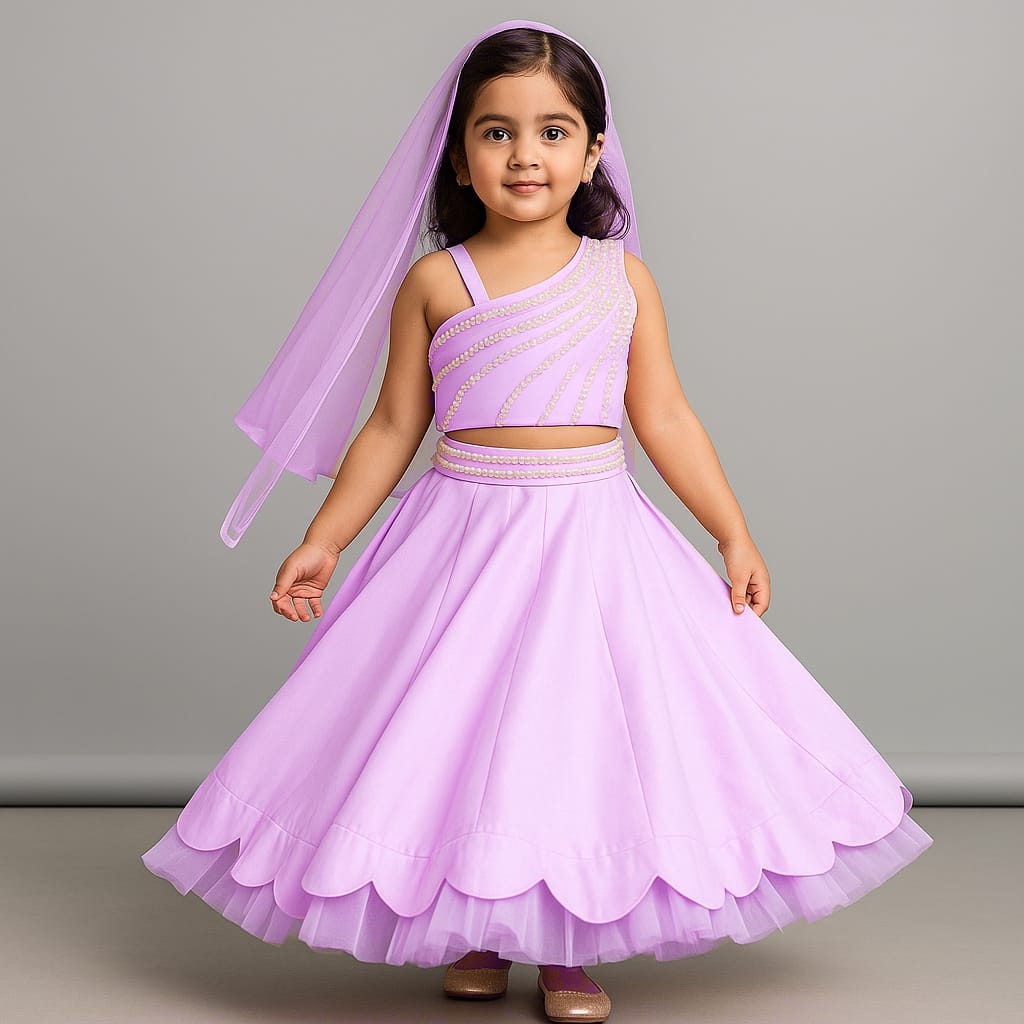 One Shoulder Drape Top And Scalloped Hem Lehenga