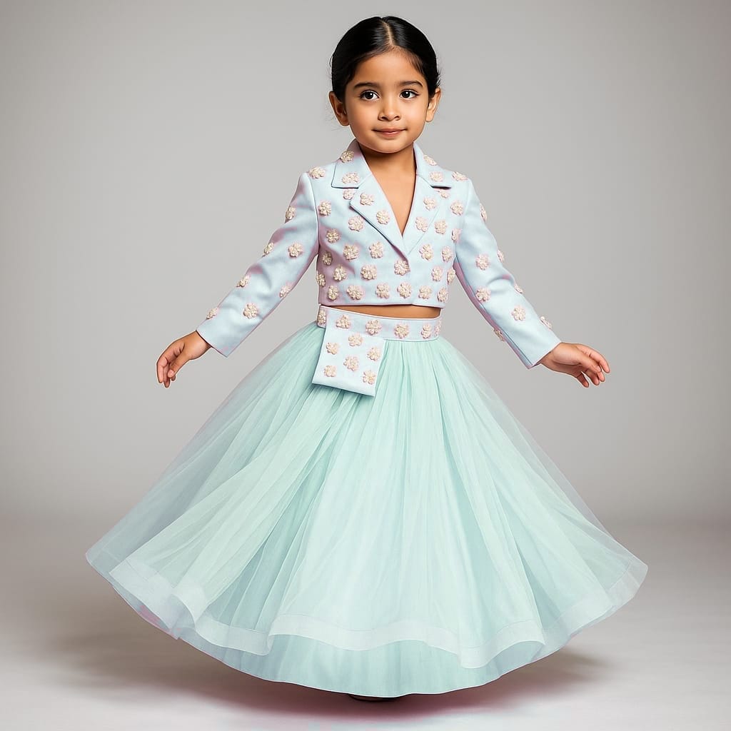 Pre Order: Pastel Strappy Top With Embellished Jacket And Lehenga
