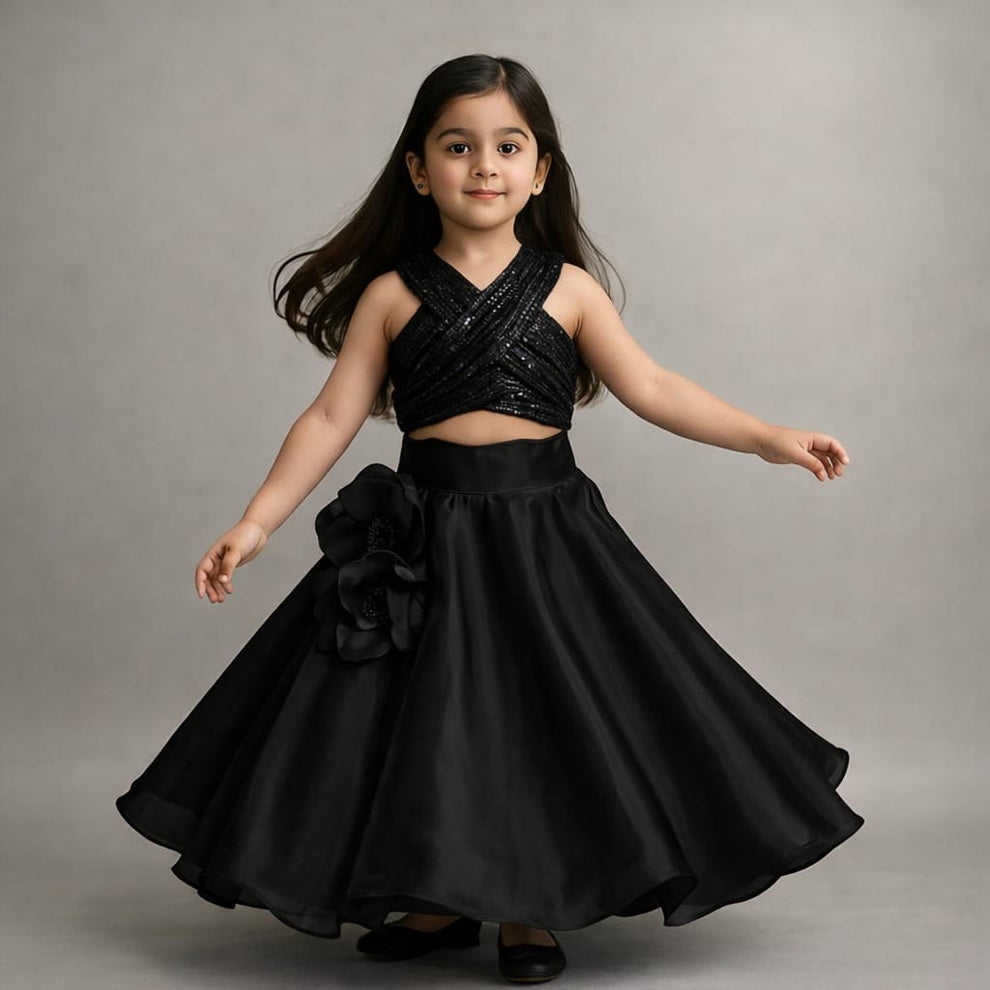 Pre Order: Sequin Embellished Halter Neck Top With Stiff Belt And Lehenga