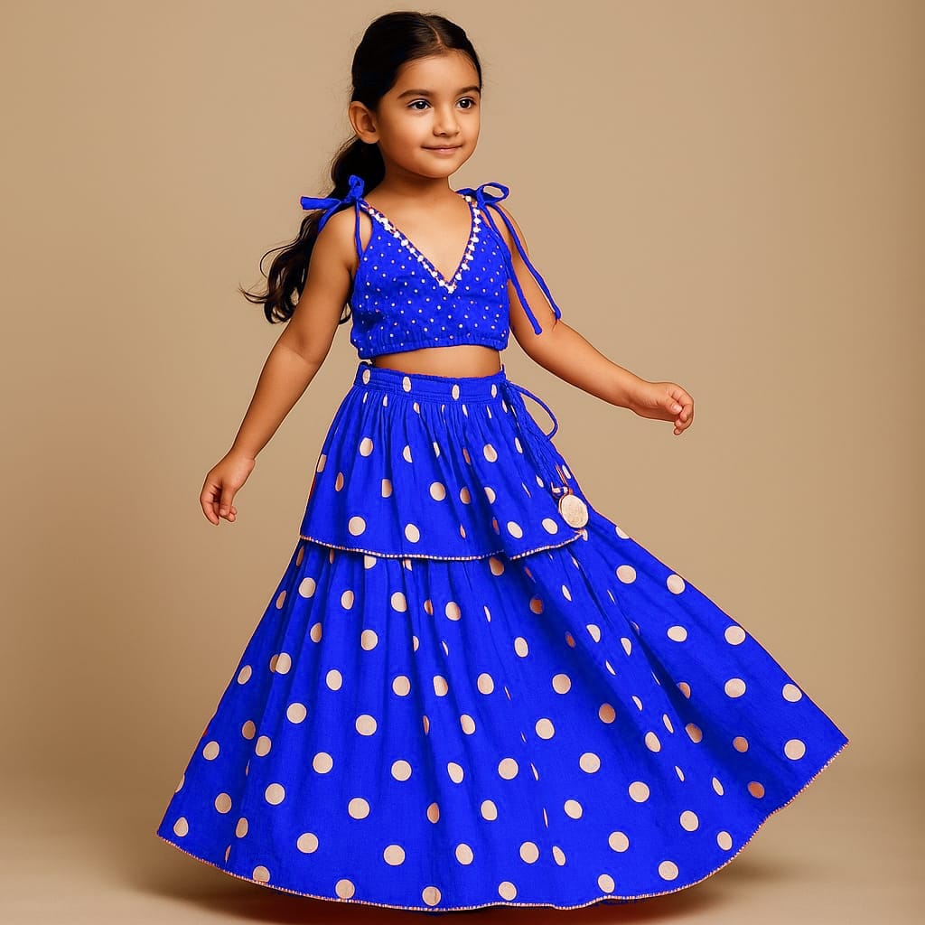 Pre Order: Dot Printed Tie Up Strap Top And Layered Lehenga