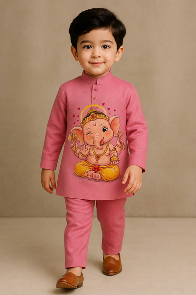 Pre Order : Pink Cute Ganesha Kurta Set
