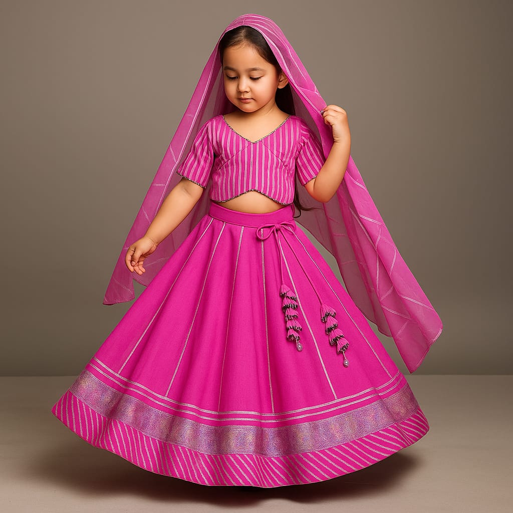 Pre Order: Gota Lace Detail Top And Lehenga With Net Dupatta