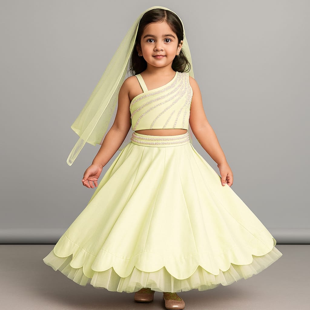 One Shoulder Drape Top And Scalloped Hem Lehenga