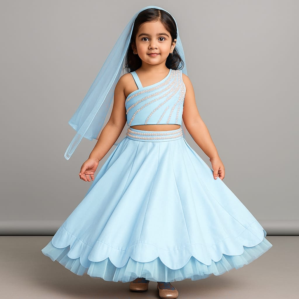 One Shoulder Drape Top And Scalloped Hem Lehenga