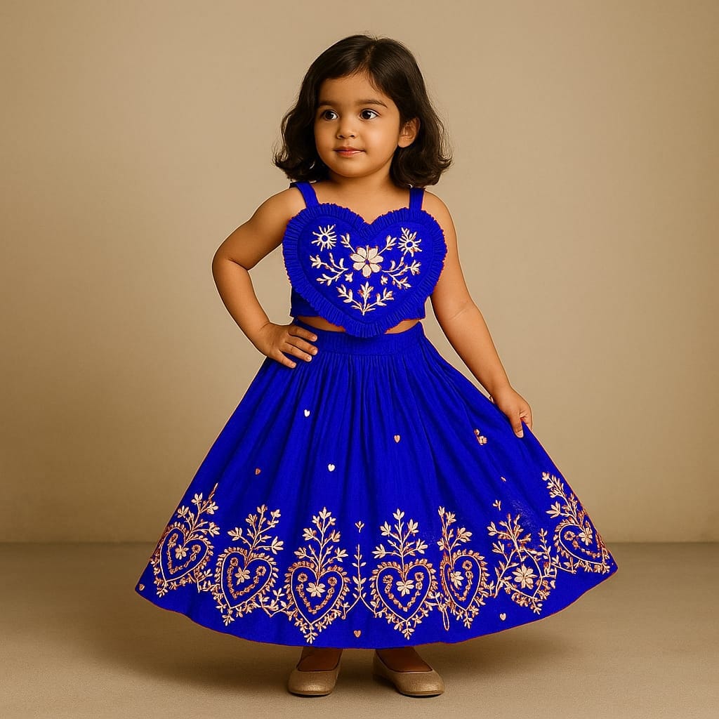 Pre Order: Embroidered Heart Shaped Stylish Top And Lehenga